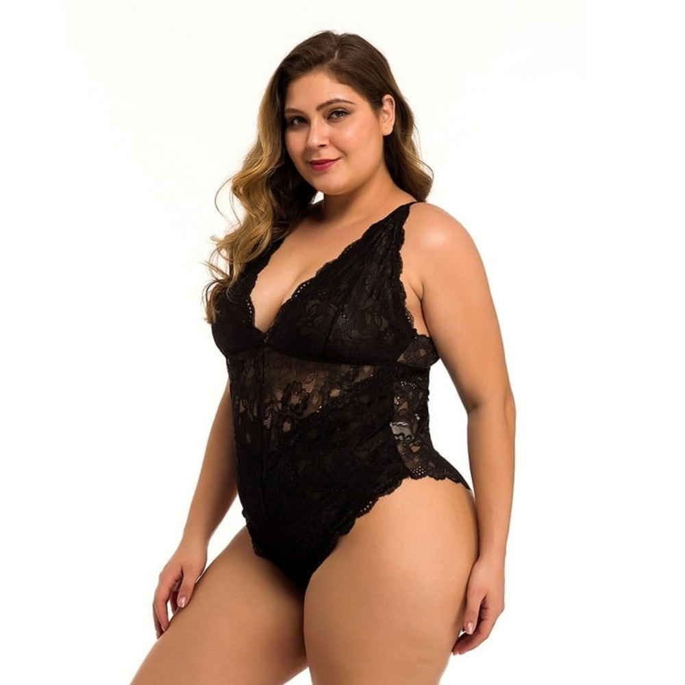 Chama Lace Plus Size V-Neck Backless Lingerie Bodysuit Sleepwear - Picture 2 of 7